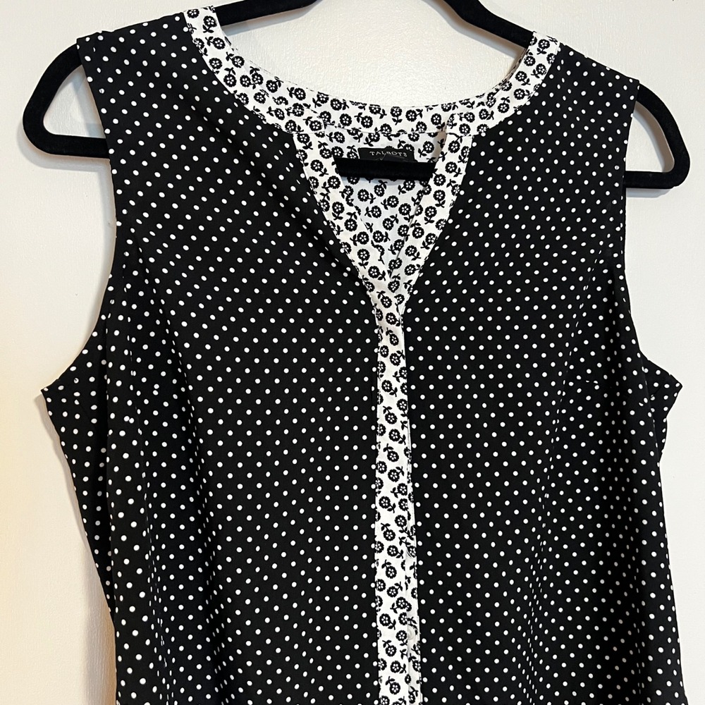 Talbots Womens Medium Black White Polka Dot Floral Sleeveless Blouse Top - Picture 3 of 9